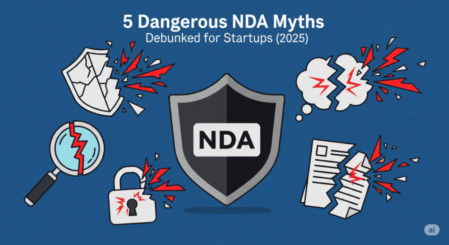 An illustration of a document labeled "NDA" with a broken shield, symbolizing the danger of believing common NDA myths.