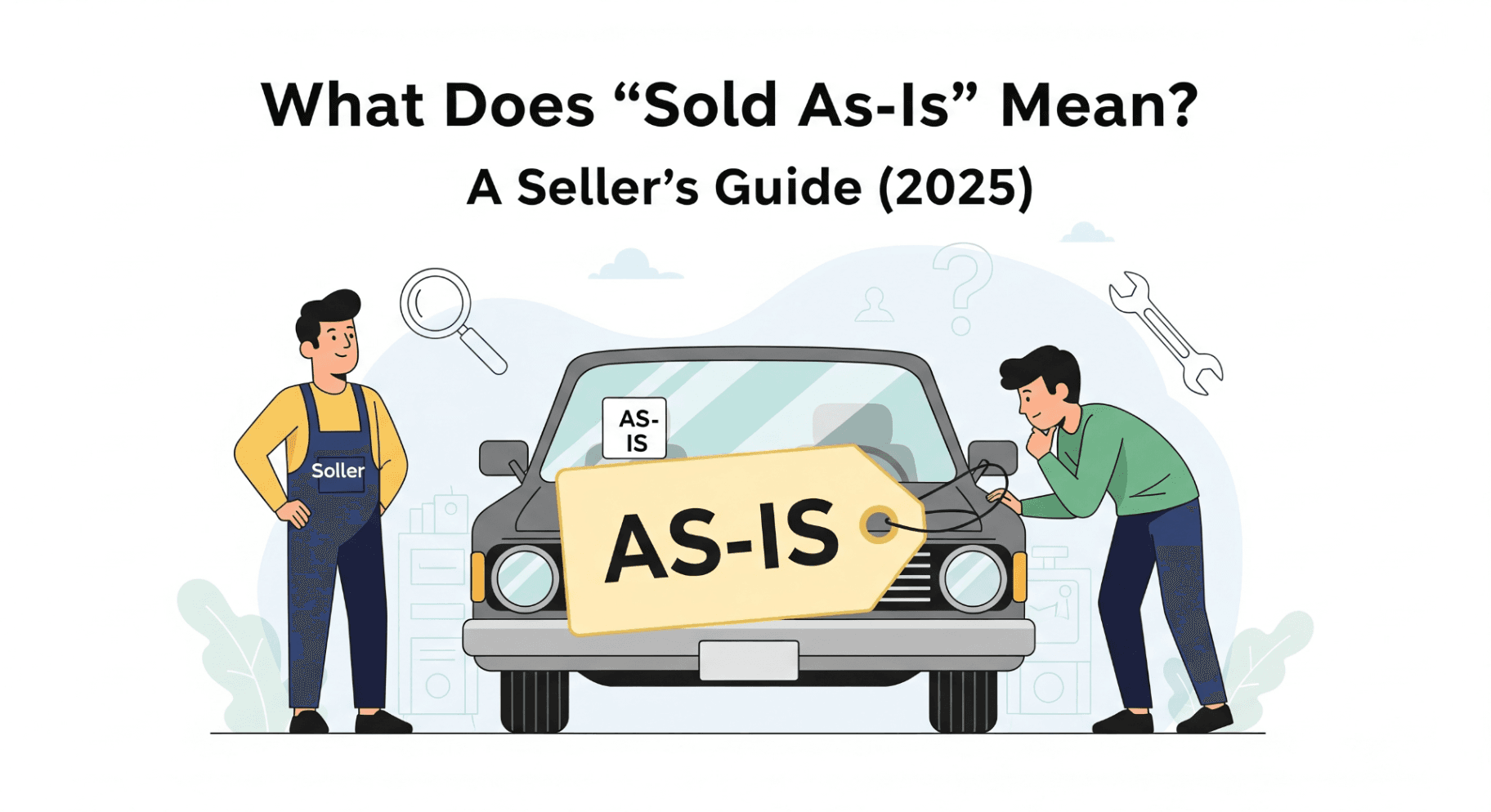 An illustration of a Bill of Sale document with a magnifying glass focused on the highlighted 'As-Is, No Warranty' clause.