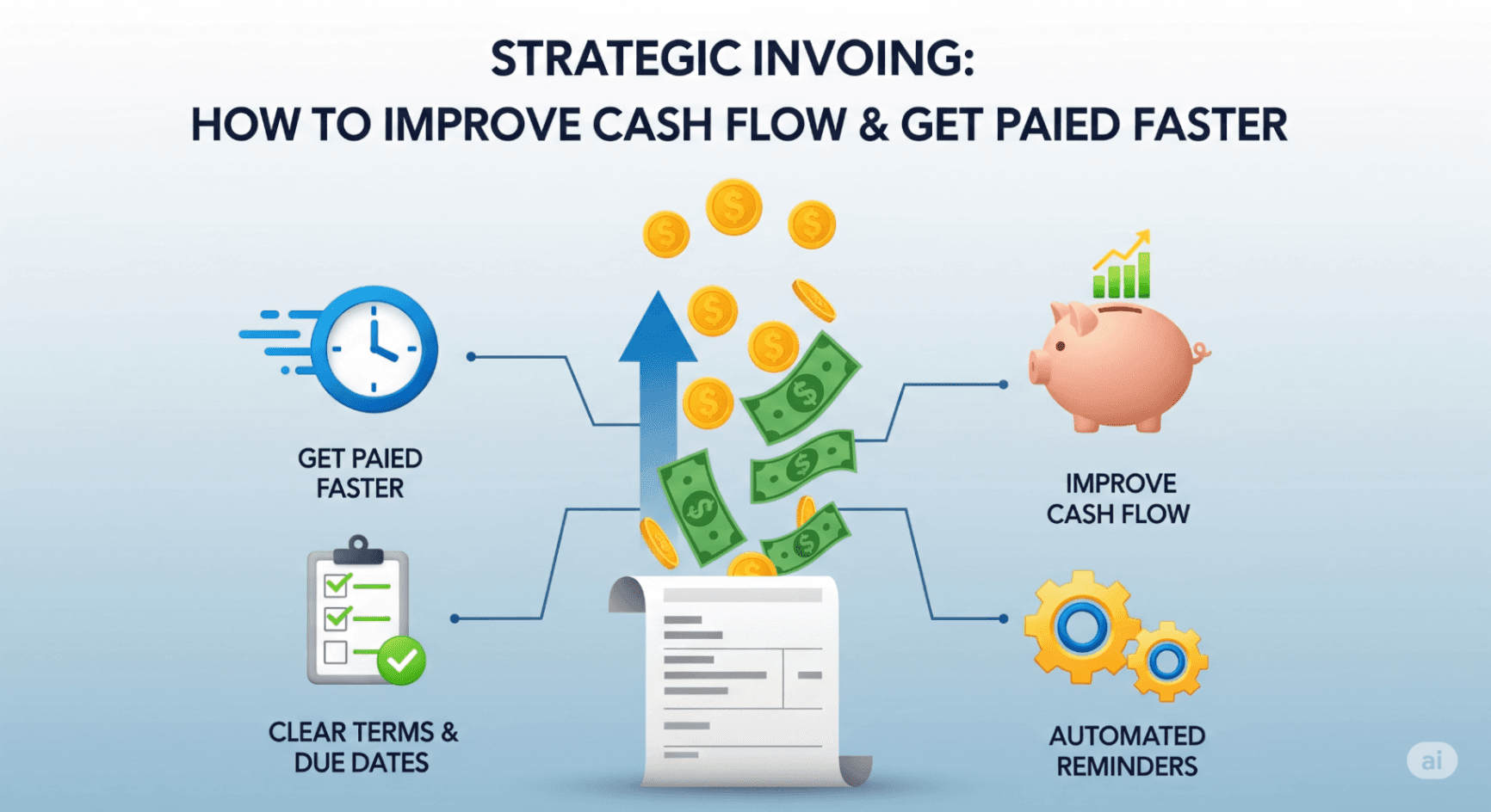 An illustration showing a gear turning into a dollar sign, symbolizing the concept of strategic invoicing as a machine that improves cash flow.