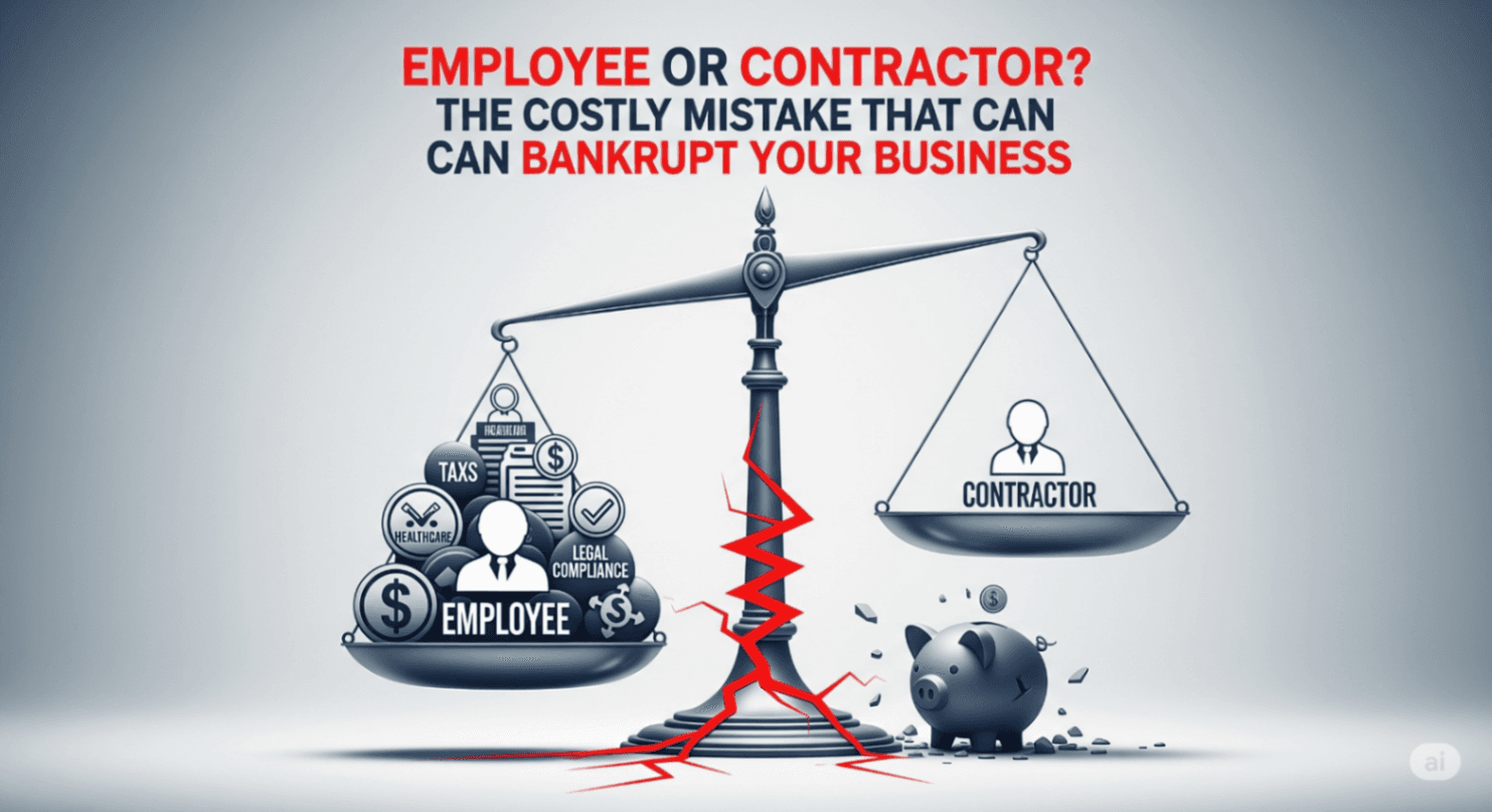 An illustration of a seesaw, with a single worker on one side and the words 'Contractor' and 'Employee' on the other, symbolizing the delicate balance of worker classification.