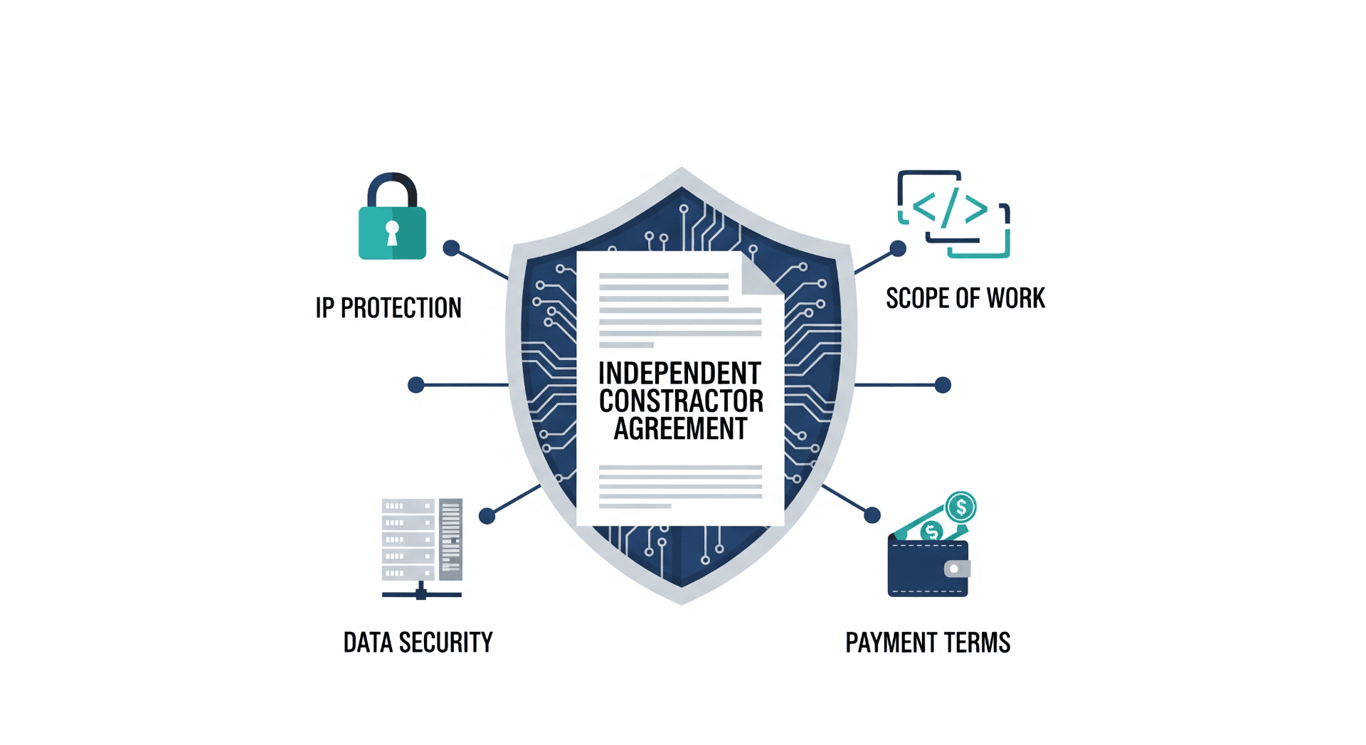 An illustration of a document labeled 'Contract' with icons representing code, a shield, and a gear, symbolizing a tech-focused independent contractor agreement.