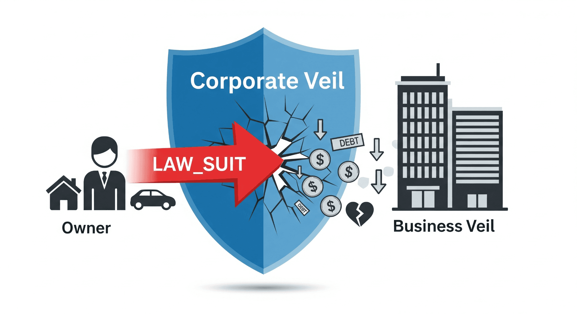 An illustration showing a solid shield labeled 'LLC' protecting a house and car, with a small crack appearing, symbolizing the risk of piercing the corporate veil.