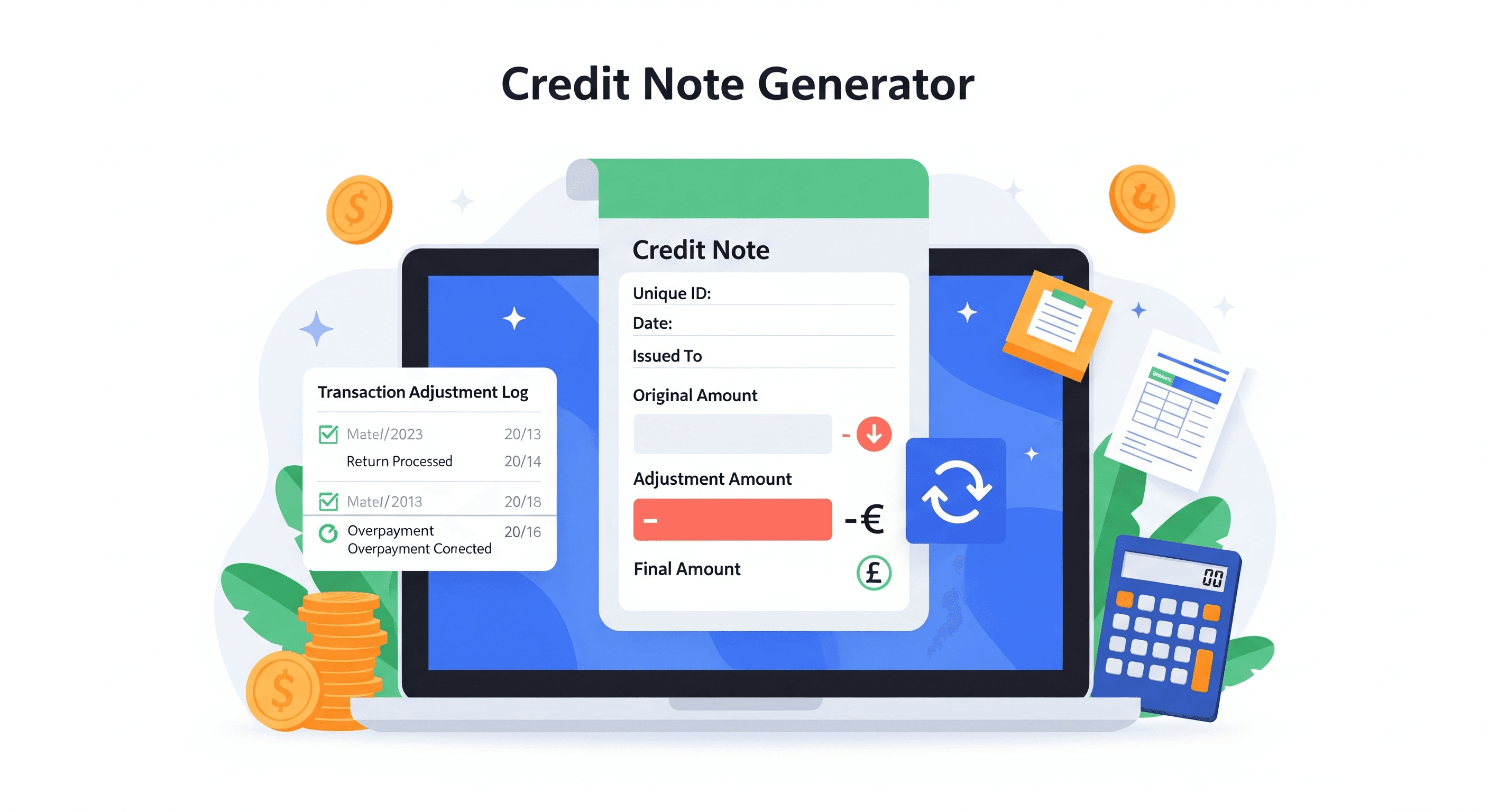 A vibrant illustration of a Credit Note Generator tool on a laptop screen with a stylized credit note document and financial icons.