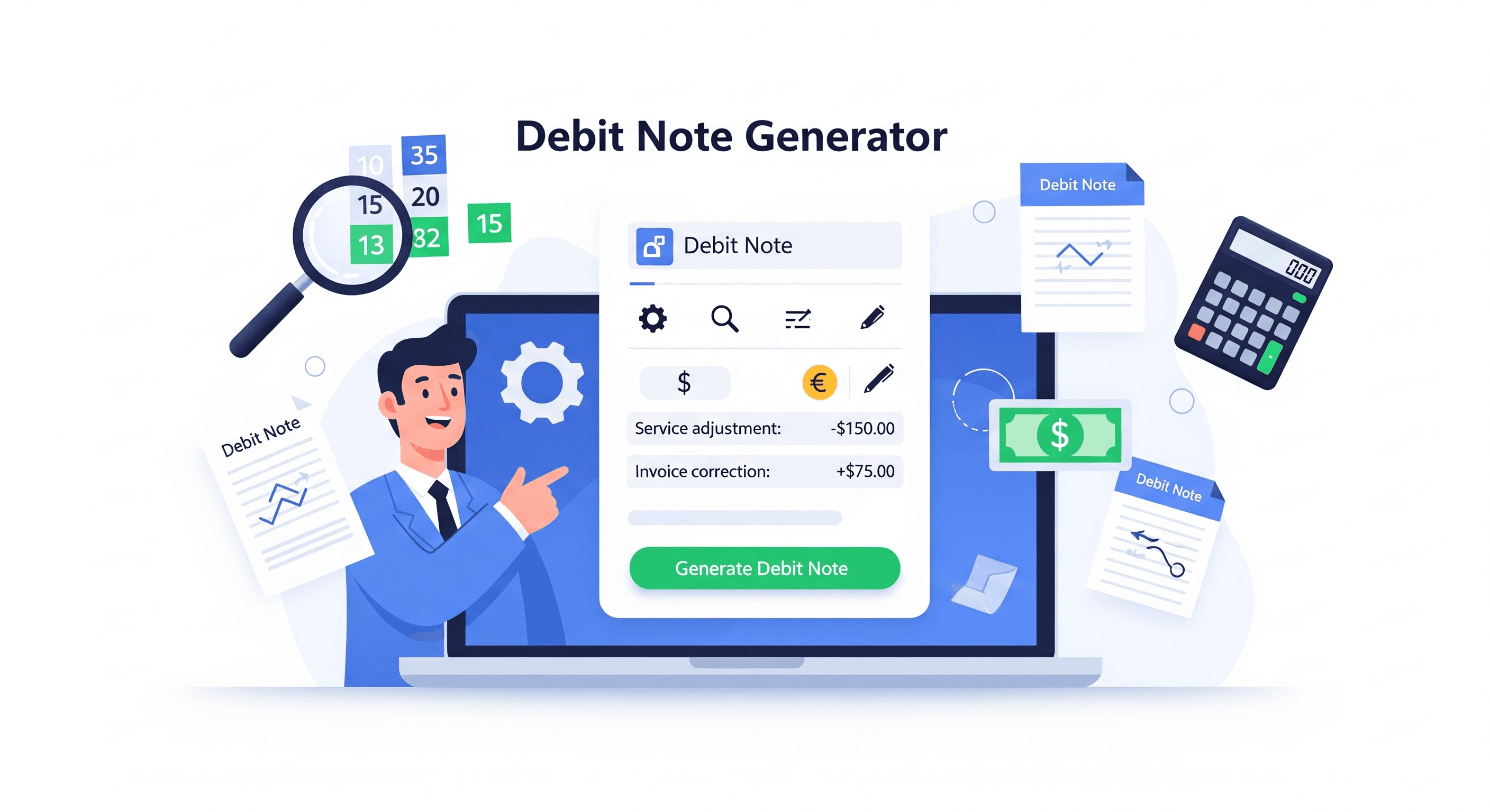 A friendly, illustrated image of a businessperson with a Debit Note Generator tool on a laptop, showing financial adjustments and a calculator.