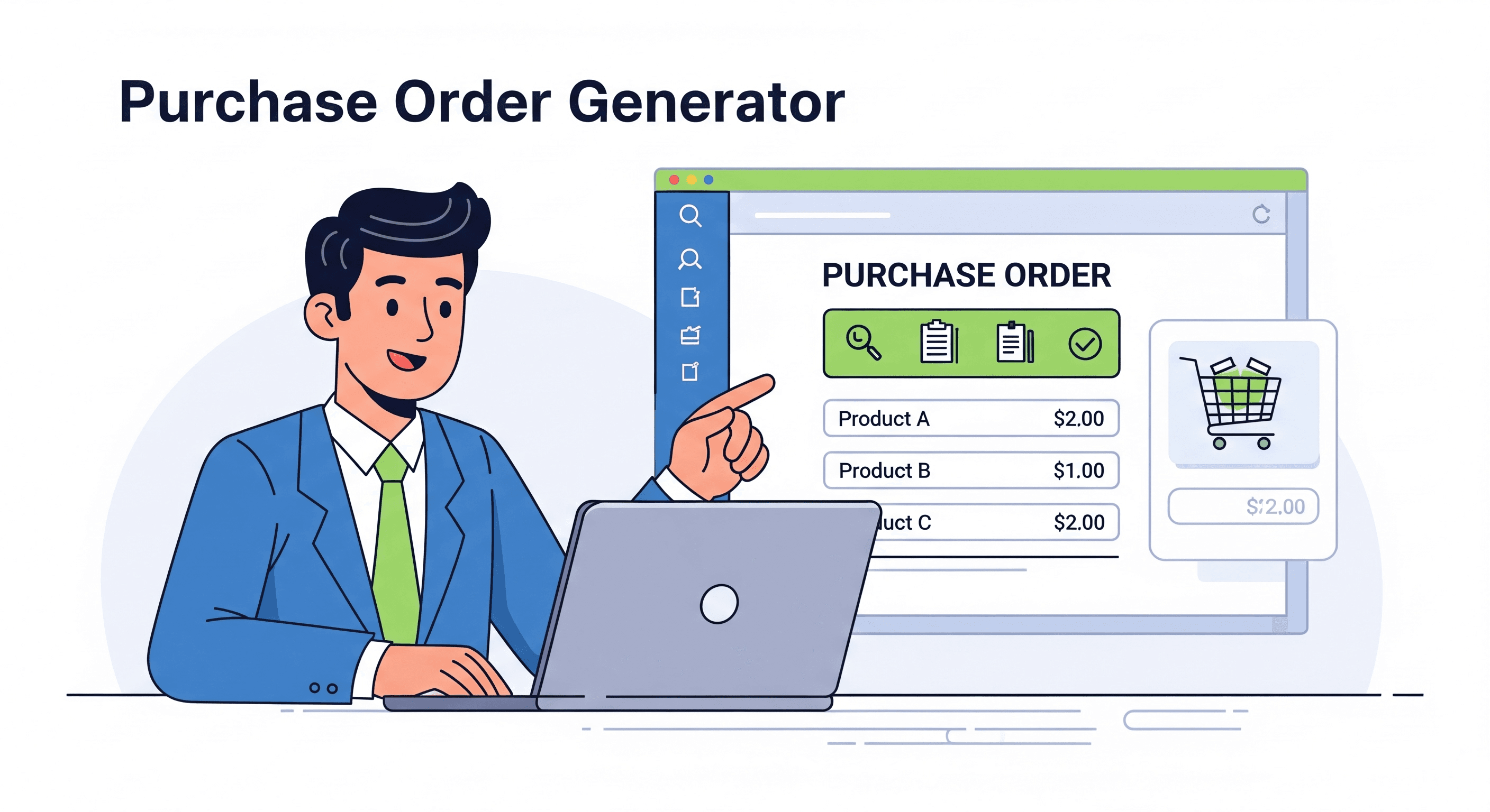 A friendly, illustrated image of a businessperson with a "Purchase Order Generator" tool on a laptop, showing a list of items and an "Approve" button.