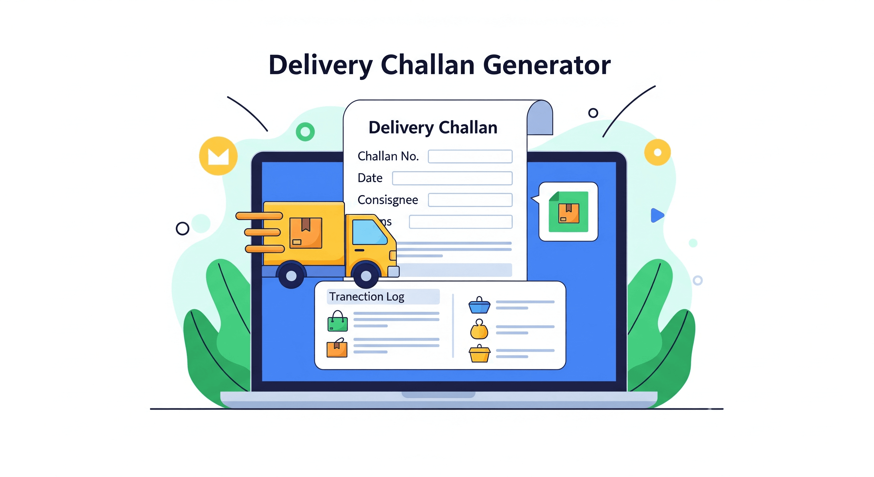 A colorful illustration of a Delivery Challan Generator tool on a laptop, showing a delivery truck and a document with a transaction log.