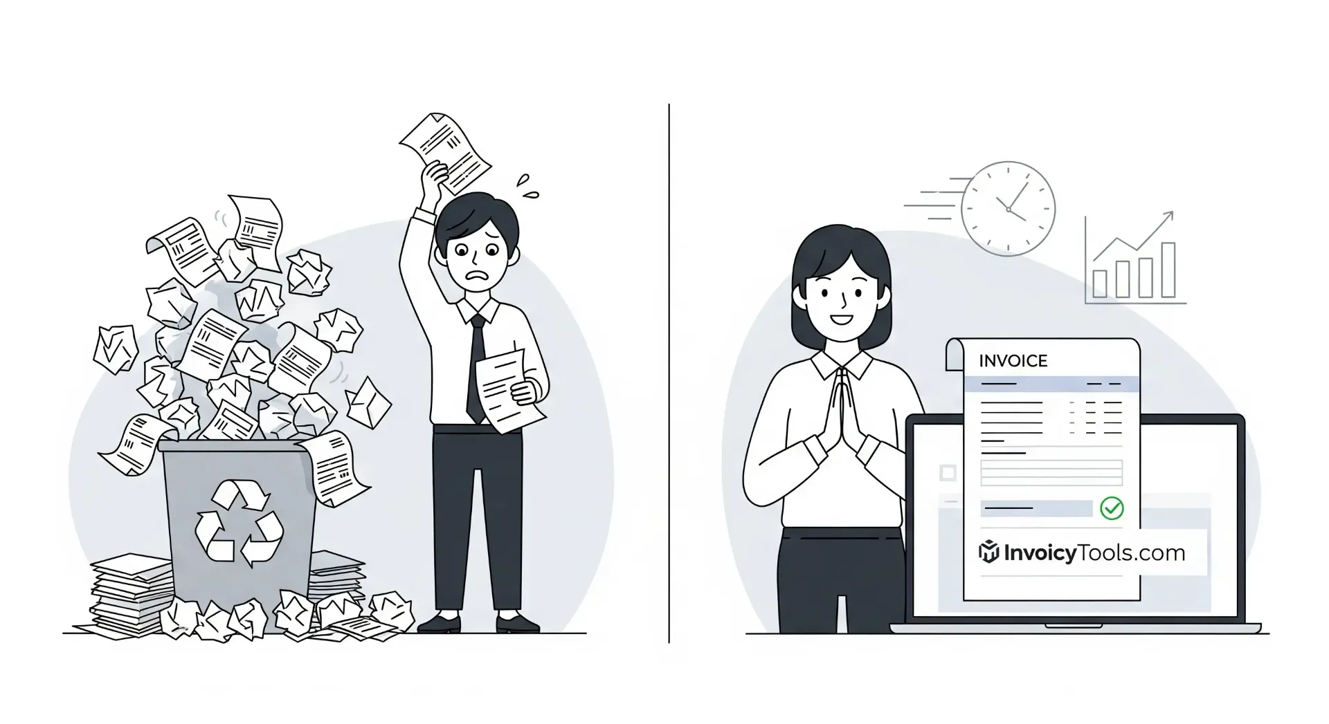 A professional using the InvoicyTools.com free invoice generator on a laptop to create a digital invoice. The image highlights efficiency and modern business practices.