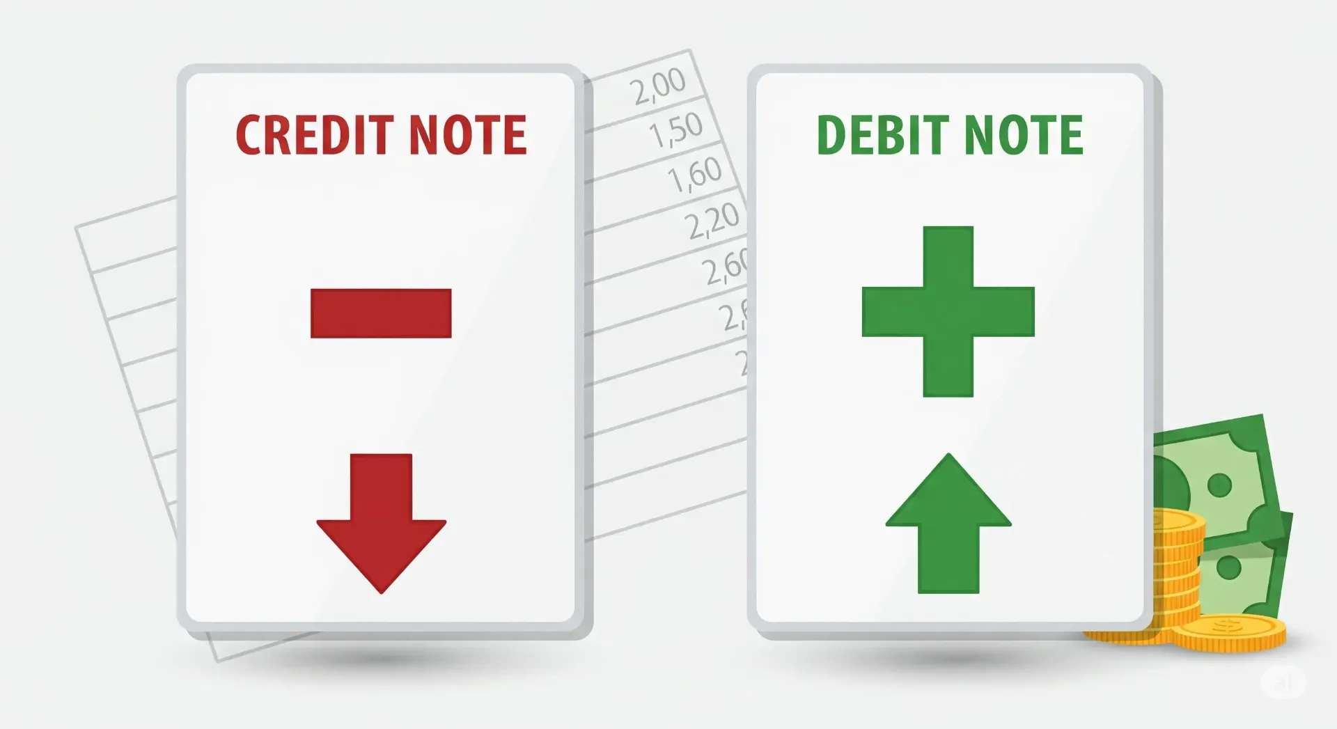 A vector illustration comparing a credit note and a debit note.