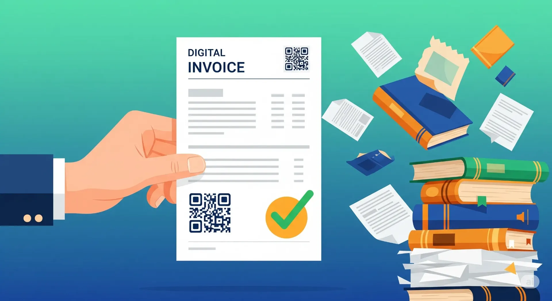 A professional vector illustration showing a large hand holding a digital e-invoice with a green checkmark. The hand is pushing over a collapsing stack of old paper documents and books, symbolizing how e-invoicing replaces old, cumbersome processes. The illustration uses a clean, modern style with blues and greens.