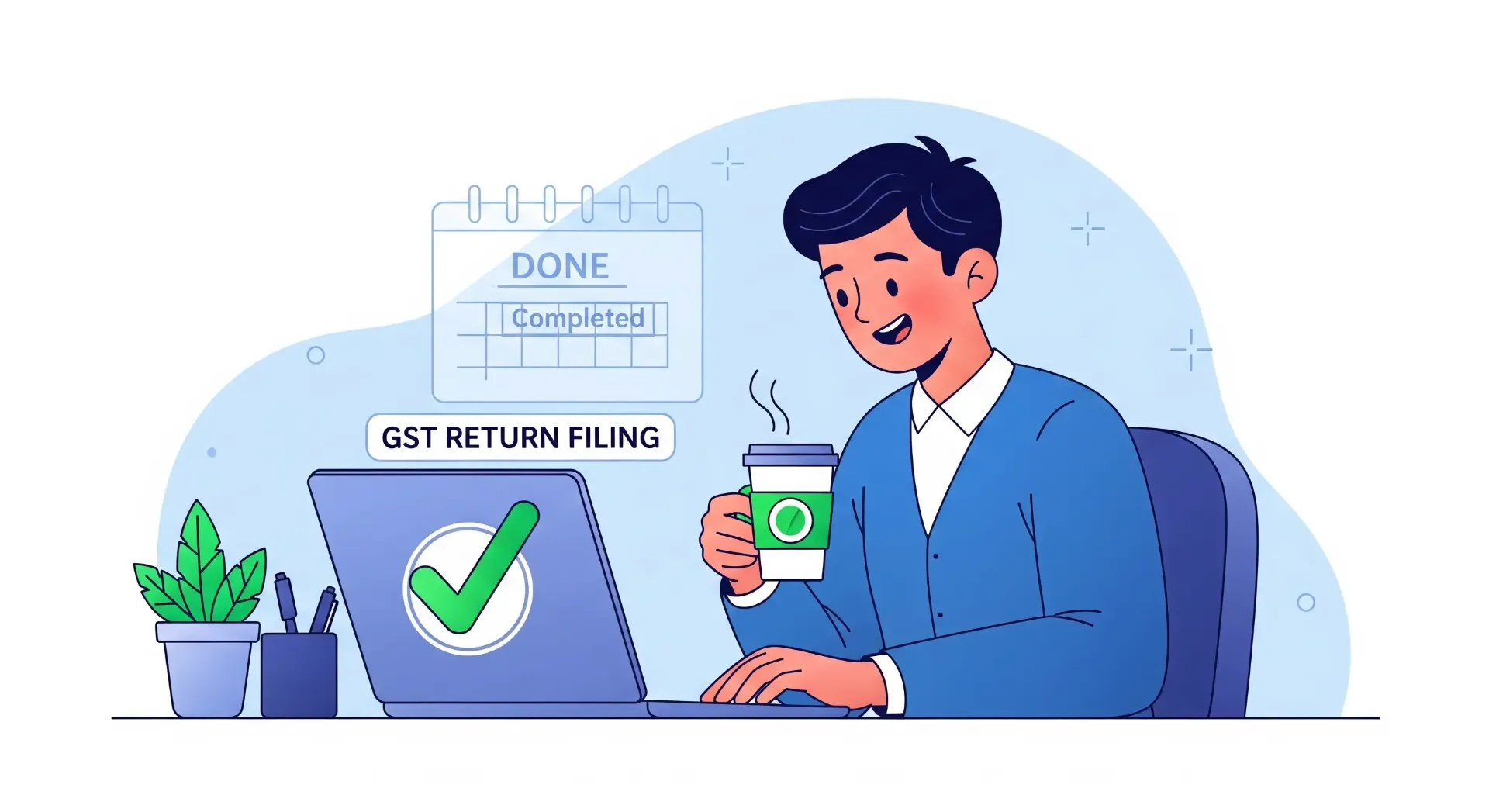 A professional vector illustration showing a happy business person looking at a laptop with a green checkmark on the screen, indicating successful GST filing. The person is at a clean, organized desk, symbolizing a smooth and efficient process.