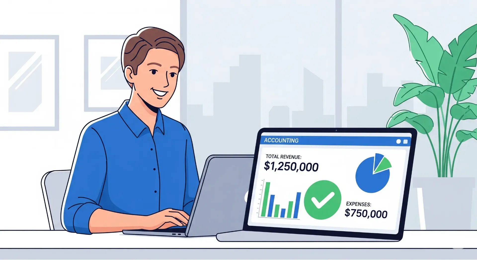 A professional vector illustration showing a business person confidently using accounting software on a laptop. The screen shows a simplified interface with a clear financial report. The person is smiling, and a series of green checkmarks float around the screen, symbolizing ease, accuracy, and success in managing business finances.