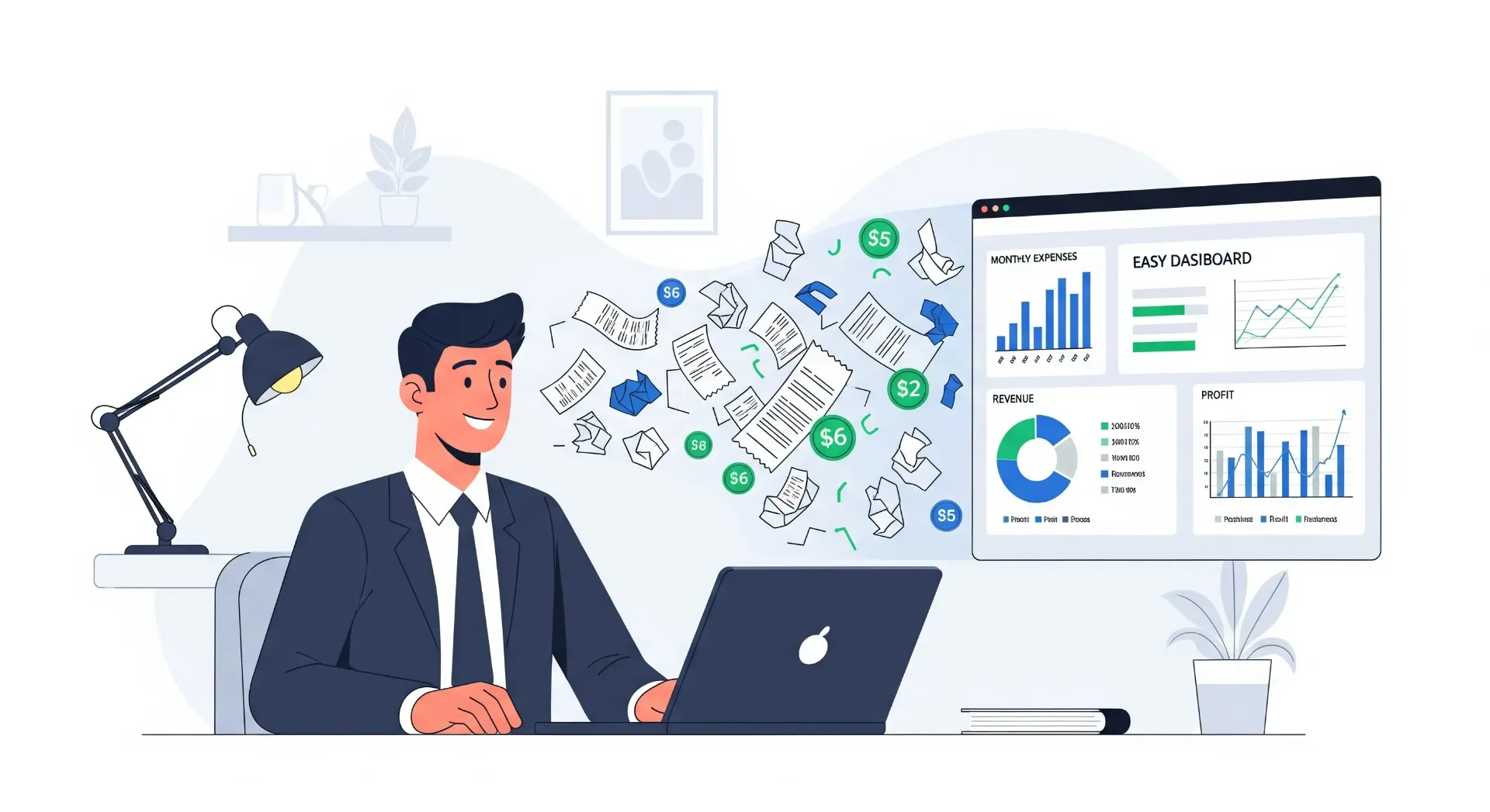 A professional vector illustration showing a business person confidently using accounting software on a laptop. The screen shows a simplified interface with a clear financial report. The person is smiling, and a series of green checkmarks float around the screen, symbolizing ease, accuracy, and success in managing business finances.