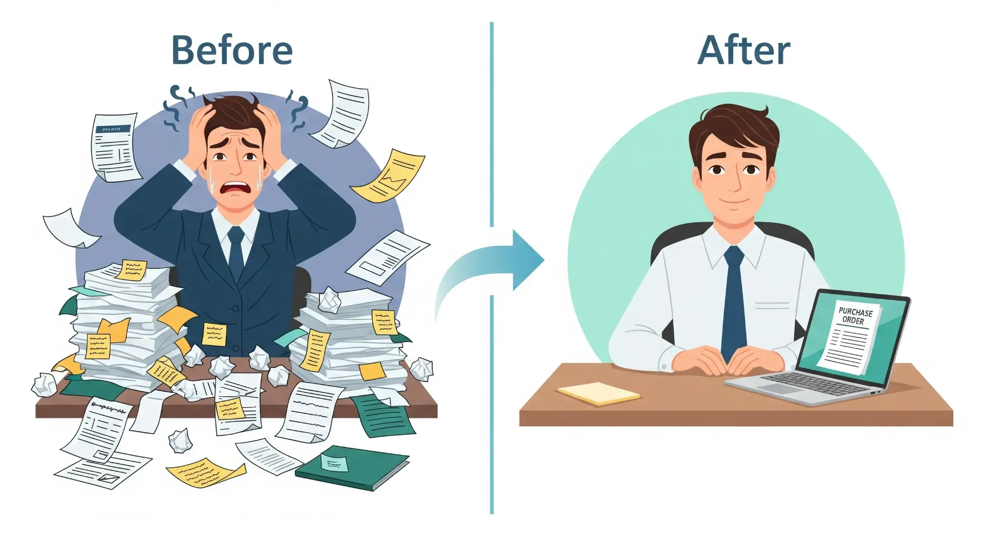 A vector illustration with a "before and after" concept. The left side shows a chaotic desk with a stressed person surrounded by messy papers, while the right side shows the same person calm and organized with a clean desk and a "Purchase Order" on their laptop screen.
