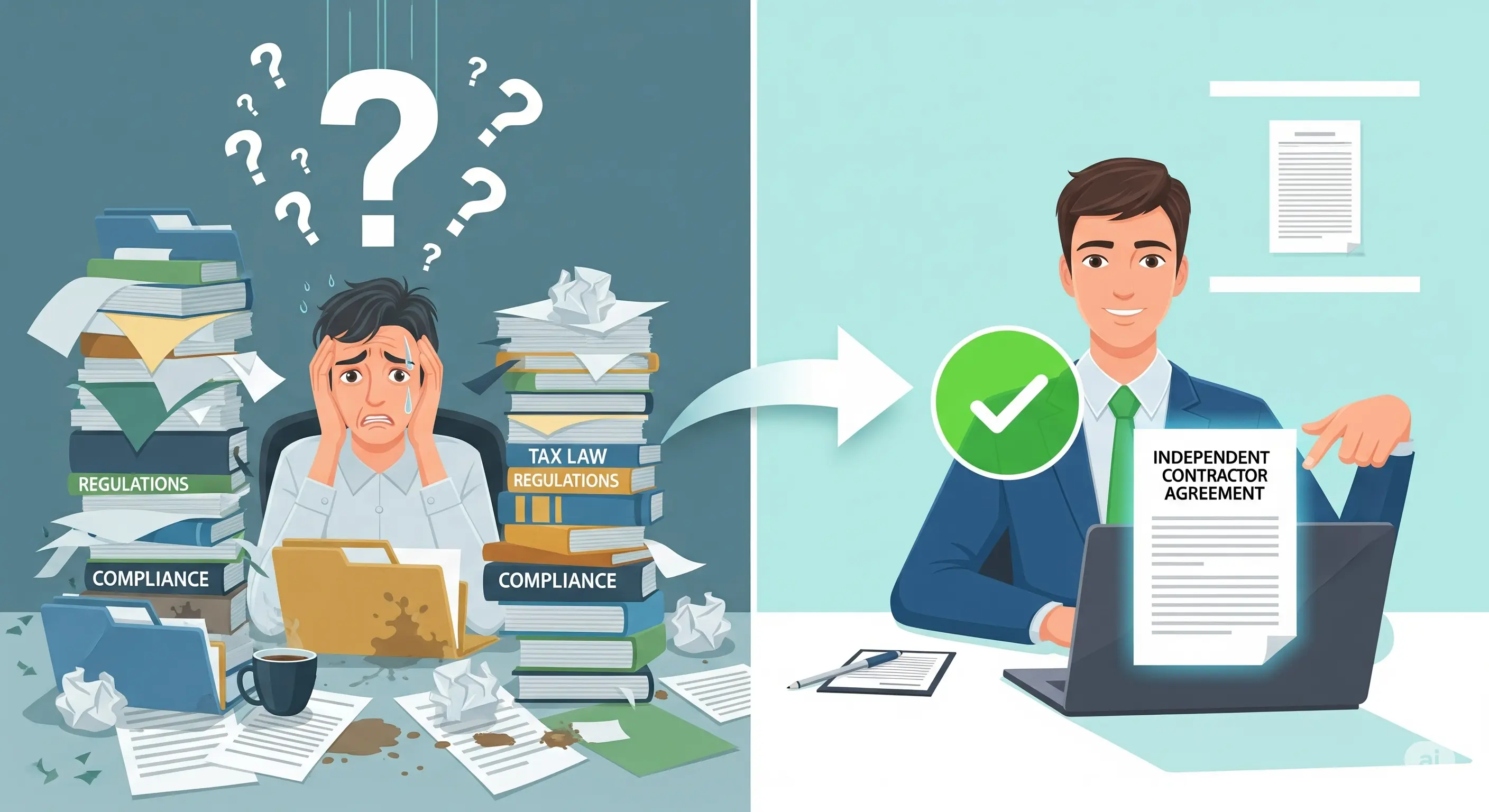 A "before and after" illustration showing a stressed business owner on the left, surrounded by messy legal papers, and a calm, organized business owner on the right, pointing to a clear "Independent Contractor Agreement" on their laptop.