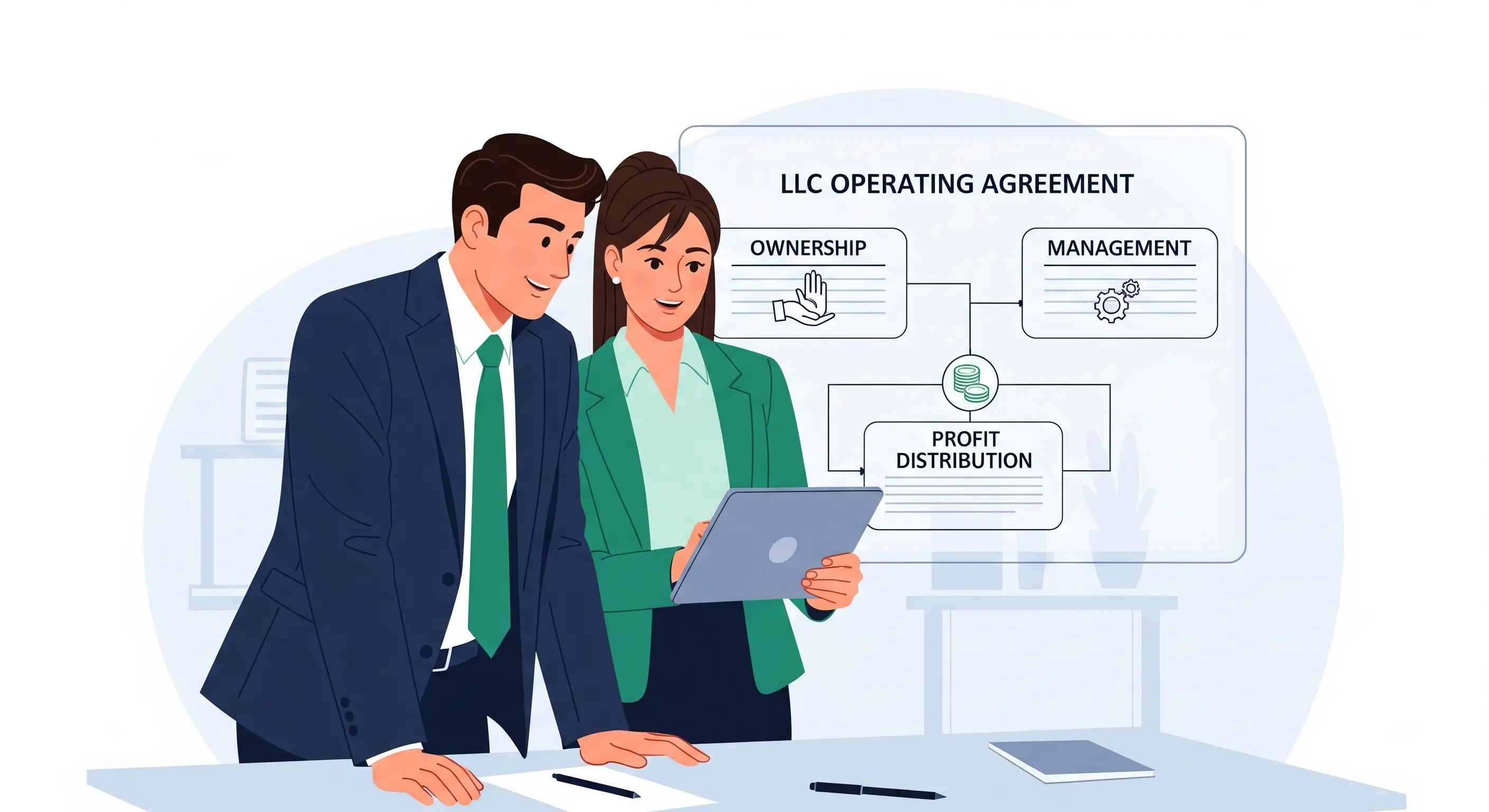 A vector illustration showing a business team looking at a tablet with a clear diagram labeled "LLC Operating Agreement," symbolizing clarity and shared vision in their business structure.