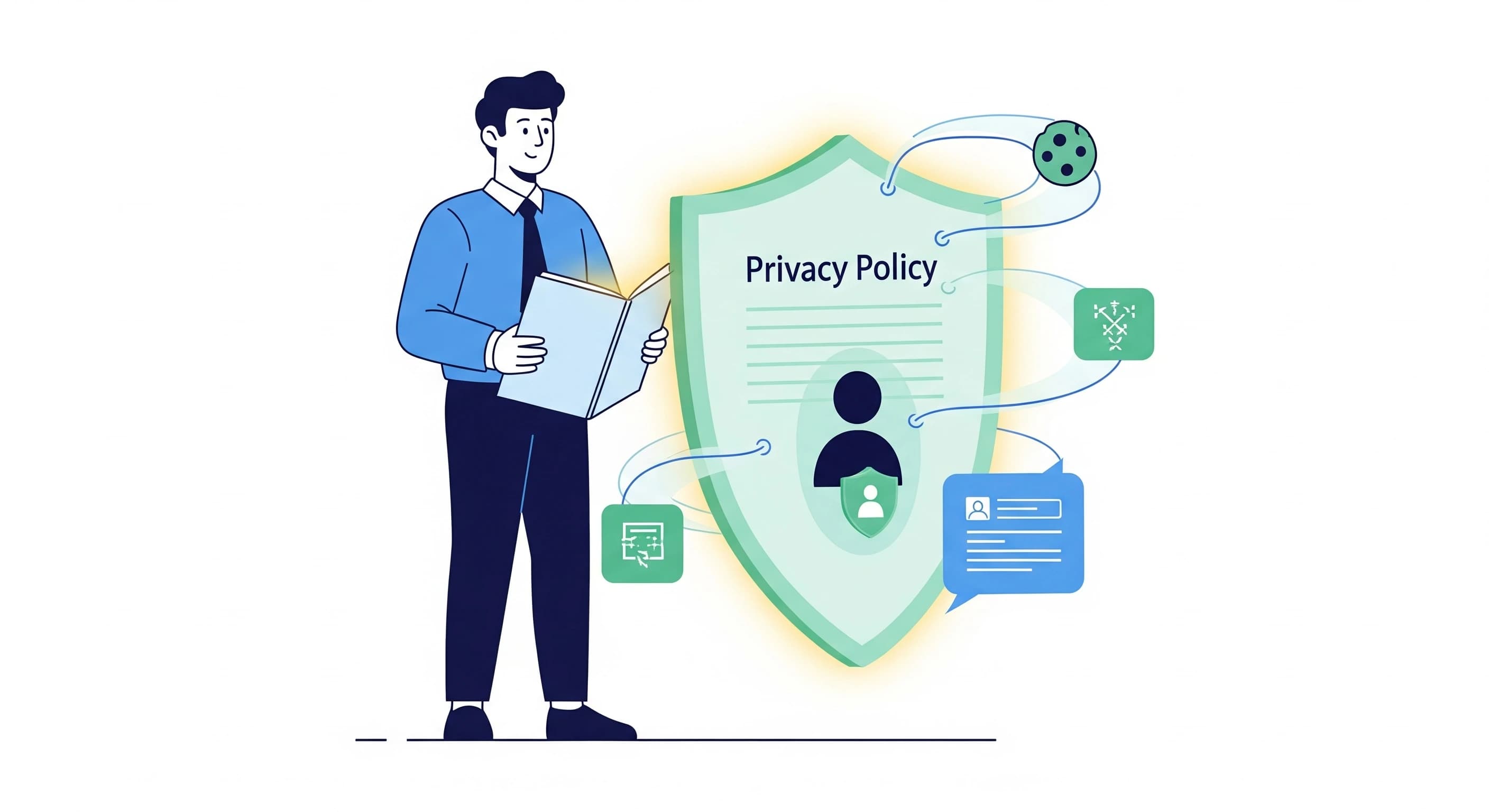 A vector illustration of a "Privacy Policy" document acting as a shield, protecting a user from various data-collecting elements like cookies and trackers.