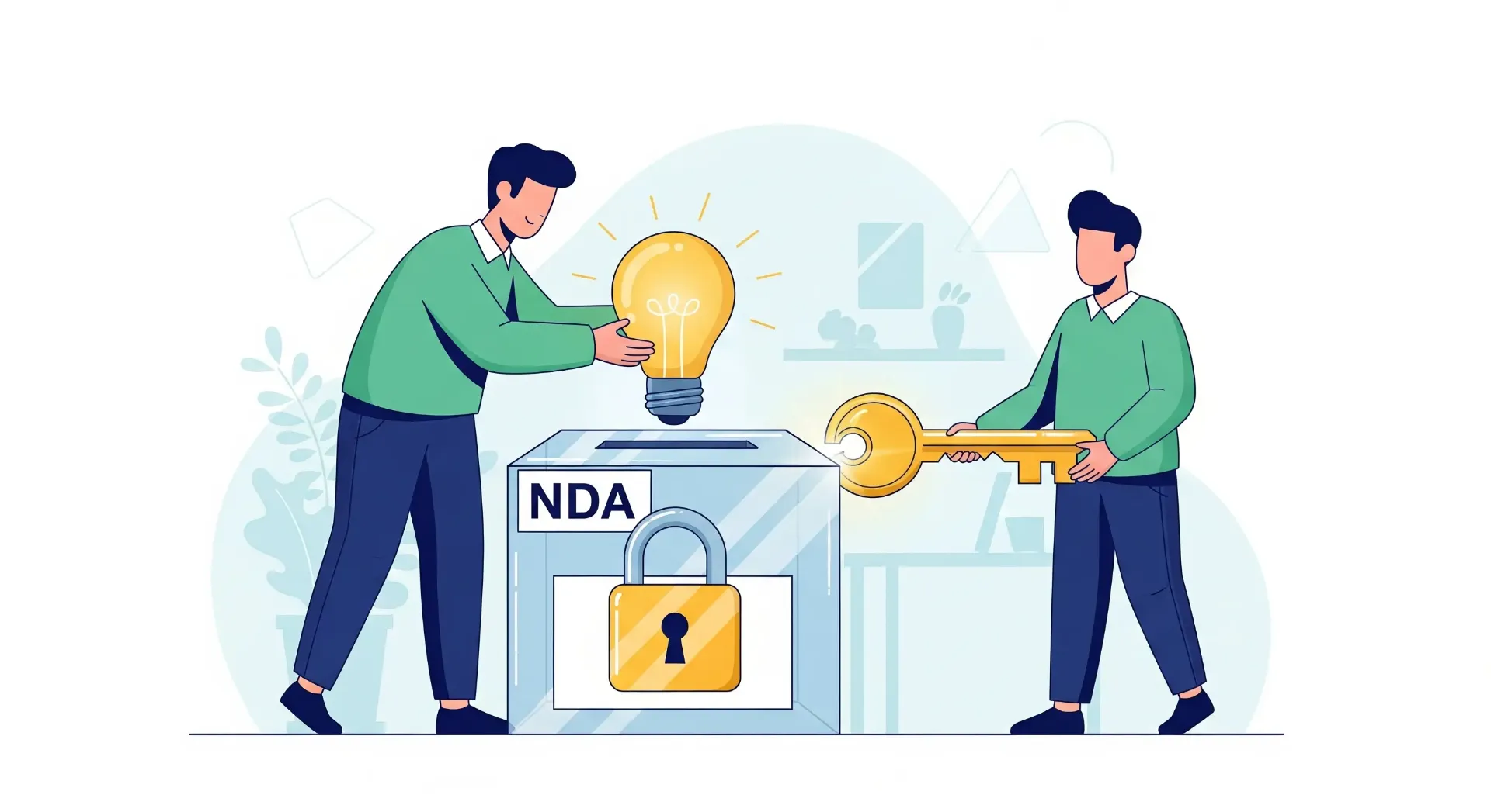 A vector illustration of a person placing a glowing idea into a transparent "NDA" lockbox, with a second person holding the key, symbolizing a secure and trusted partnership.